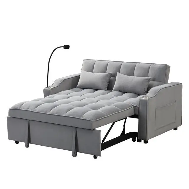 Alt view image 6 of 7 - Modern Velvet Loveseat Futon Sofa Couch W/Pullout Bed,Small Love Seat Lounge Sofa With Adjustable Reclining Backrest,Toss Pillows, Pockets,Furniture For Living Room,3 In 1 Convertible Sleeper Sofa Bed