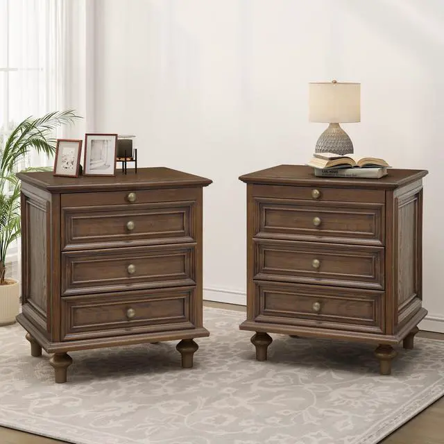 Alt view image 4 of 7 - Farmhouse Nightstands Set Of 2 With 4 Drawer,Wood Storage End Table With Hidden Pull-Out Shelf, Large Side Table With 4 Solid Wood Feet And Metal Handle,Easy Assembly,Walnut Brown