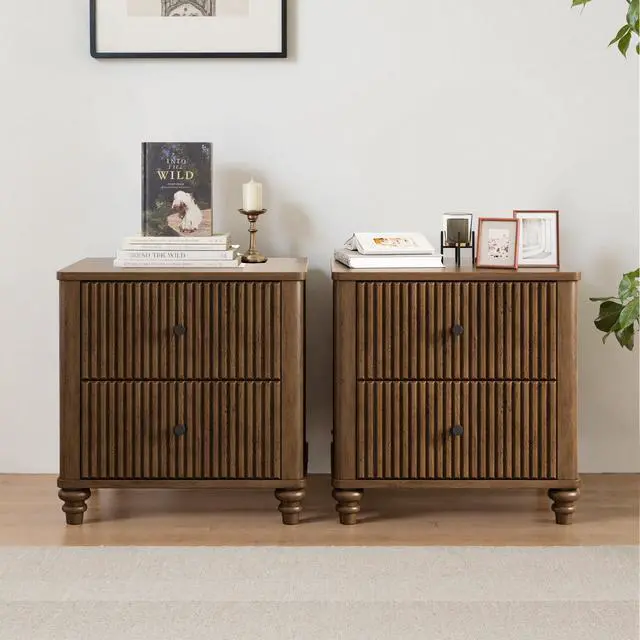 Alt view image 4 of 7 - Fluted Nightstand 2-Piece Set, 21.65" Wide Side Table With 3 Drawers, Mid Century Modern Wood Nightstand With Metal Handle, Wooden Bedside End Table For Bedroom, Living Room, Closet, Walnut
