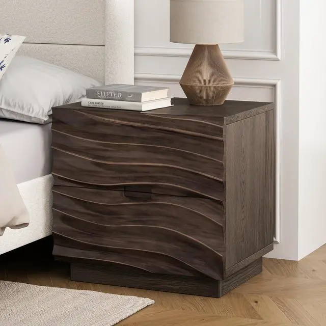 Alt view image 6 of 7 - Solid Wood Nightstands, Bedside Table With 2 Drawers, No Handles, Sofa End Table For Living Room, Bedrooms,Brown