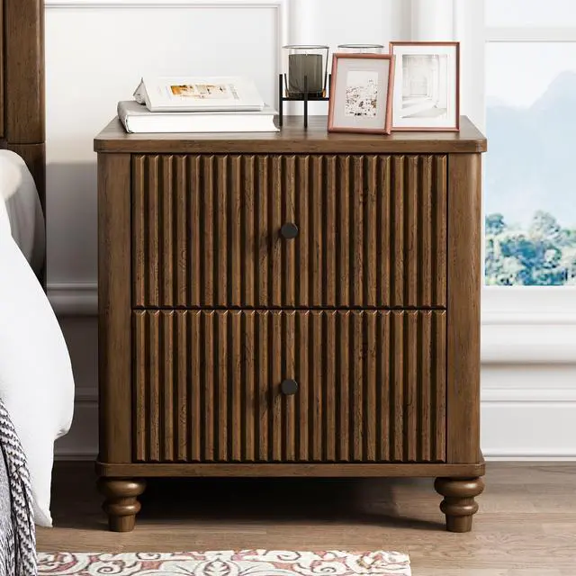 Alt view image 6 of 7 - Fluted Nightstand 2-Piece Set, 21.65" Wide Side Table With 3 Drawers, Mid Century Modern Wood Nightstand With Metal Handle, Wooden Bedside End Table For Bedroom, Living Room, Closet, Walnut