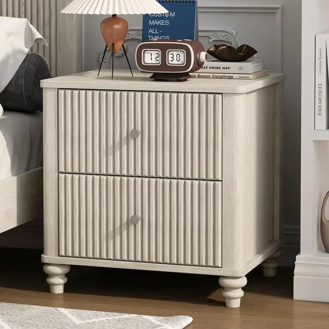Alt view image 4 of 7 - Fluted Nightstand 2-Piece Set, 21.65" Wide Side Table With 3 Drawers, Mid Century Modern Wood Nightstand With Metal Handle, Wooden Bedside End Table For Bedroom, Living Room, Closet, Beige