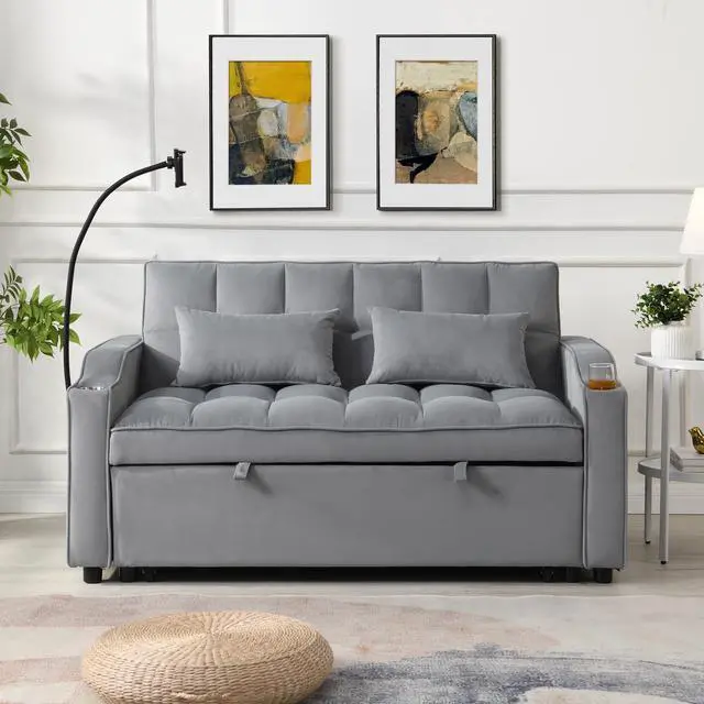 Alt view image 5 of 7 - Modern Velvet Loveseat Futon Sofa Couch W/Pullout Bed,Small Love Seat Lounge Sofa With Adjustable Reclining Backrest,Toss Pillows, Pockets,Furniture For Living Room,3 In 1 Convertible Sleeper Sofa Bed