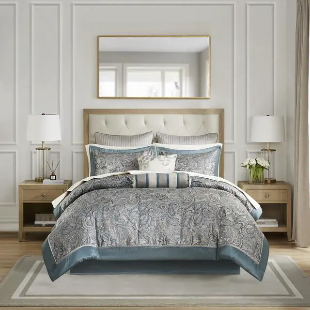 Alt view image 2 of 7 - 12 Piece Comforter Set with Cotton Bed Sheets Teal Cal King