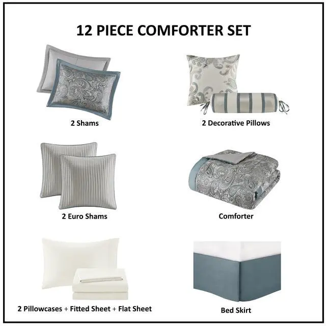 Alt view image 4 of 7 - 12 Piece Comforter Set with Cotton Bed Sheets Teal Cal King