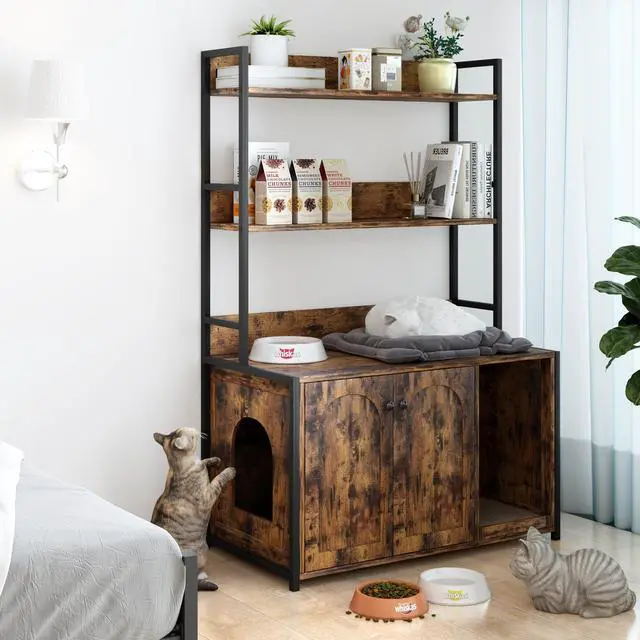 Alt view image 2 of 6 - Large Cat Litter Box Enclosure With Shelf Storage, Hidden Cat Washroom Furniture, Wooden Cat House With Scratch Pad, Sturdy Indoor Cat Cabinet With 2 Doors(Brown)