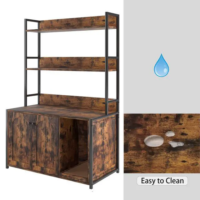 Alt view image 4 of 6 - Large Cat Litter Box Enclosure With Shelf Storage, Hidden Cat Washroom Furniture, Wooden Cat House With Scratch Pad, Sturdy Indoor Cat Cabinet With 2 Doors(Brown)