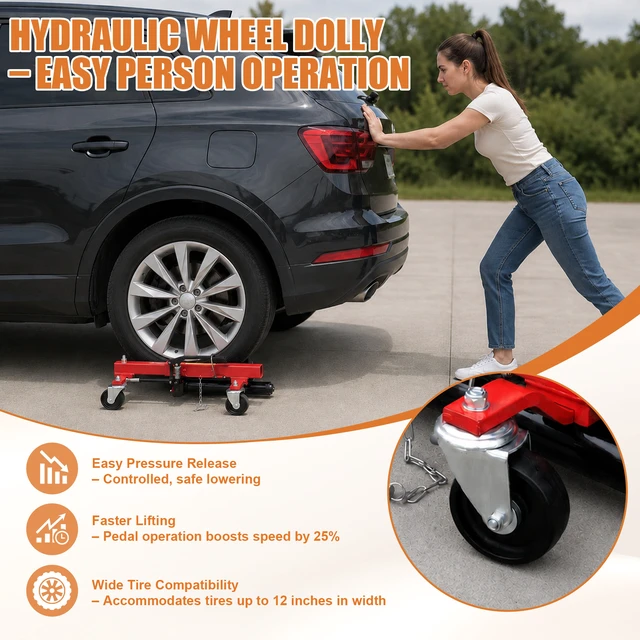 Alt view image 7 of 7 - Hydraulic Car Wheel Dolly, 12 Inch Heavy Duty Vehicle Positioning Jack with Ratcheting Foot Pedal Steel Auto Repair
