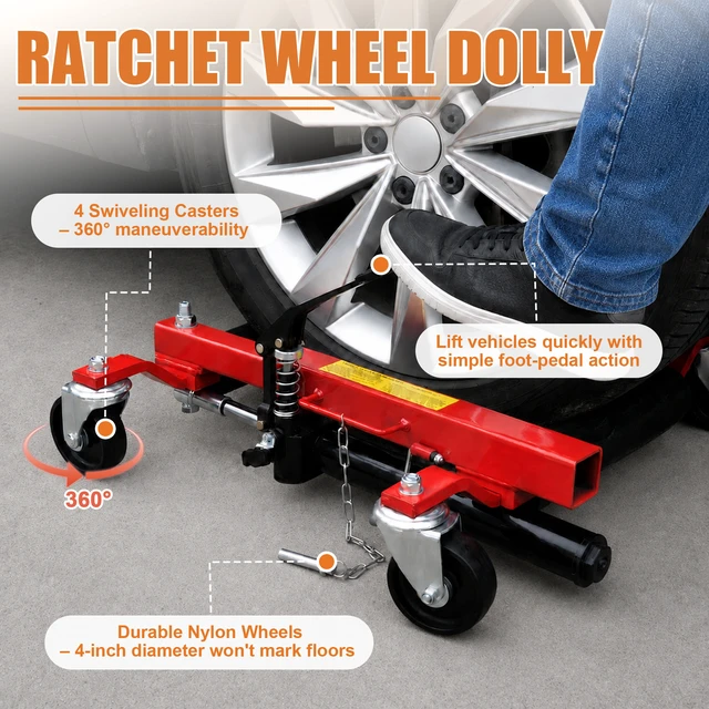 Alt view image 5 of 7 - Hydraulic Car Wheel Dolly, 12 Inch Heavy Duty Vehicle Positioning Jack with Ratcheting Foot Pedal Steel Auto Repair