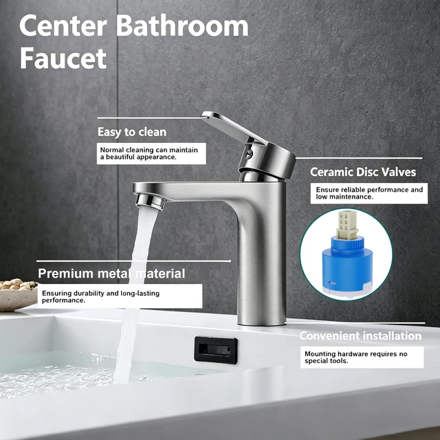 Alt view image 4 of 7 - Single Hole Faucet, Single Handle Vanity Basin Faucet, Brushed Nickel, Stainless Steel, Sink