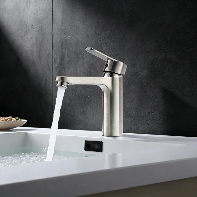Alt view image 5 of 7 - Single Hole Faucet, Single Handle Vanity Basin Faucet, Brushed Nickel, Stainless Steel, Sink