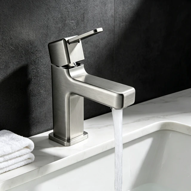 Alt view image 4 of 7 - Single Hole Faucet, Single Handle Vanity Basin Faucet, Brushed Nickel, Stainless Steel, Sink