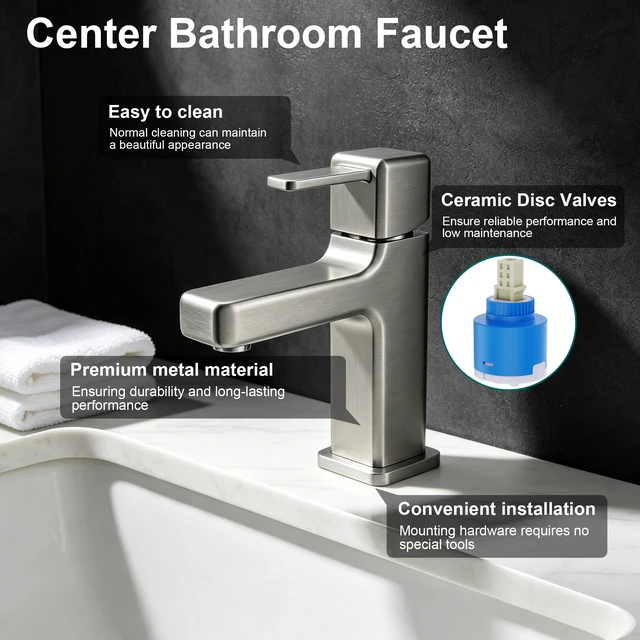 Alt view image 7 of 7 - Single Hole Faucet, Single Handle Vanity Basin Faucet, Brushed Nickel, Stainless Steel, Sink