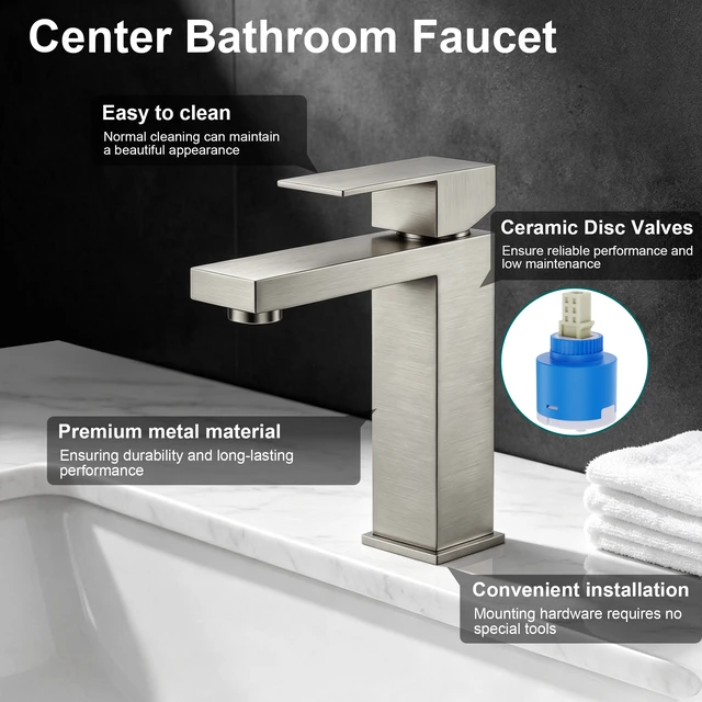 Alt view image 4 of 7 - Single Hole Faucet, Single Handle Vanity Basin Faucet, Brushed Nickel, Stainless Steel, Sink