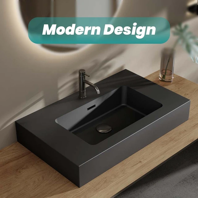 Alt view image 2 of 7 - 30, Integrated Engineered Solid Surface Basin Without Drain and Faucet Color, Matte Black, Solid Surface, Sinks