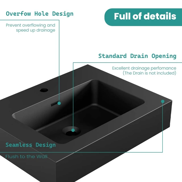 Alt view image 5 of 7 - 24, Integrated Engineered Solid Surface Basin Without Drain and Faucet Color, Matte Black, Solid Surface, Sinks