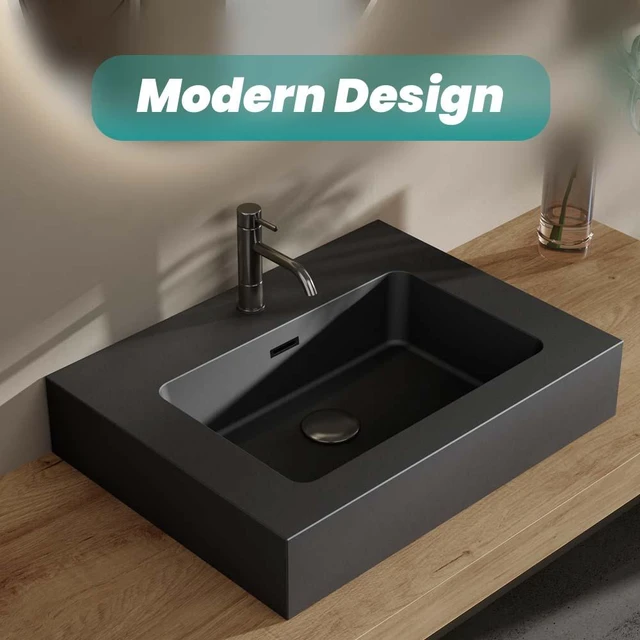 Alt view image 2 of 7 - 24, Integrated Engineered Solid Surface Basin Without Drain and Faucet Color, Matte Black, Solid Surface, Sinks