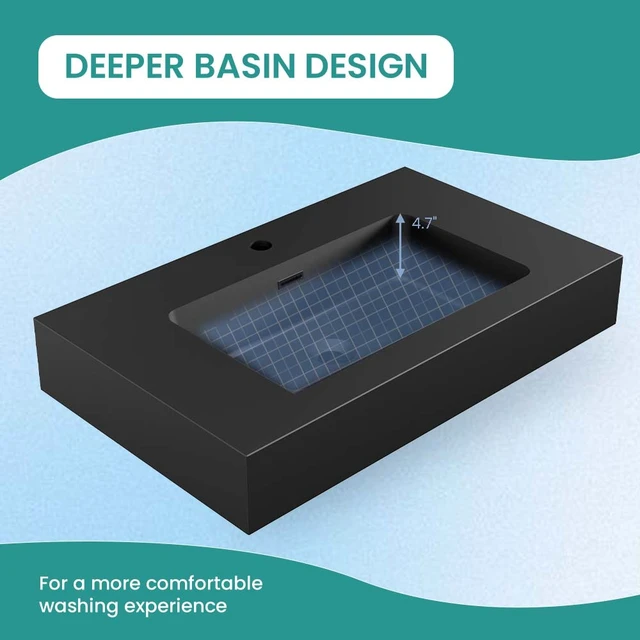 Alt view image 3 of 7 - 30, Integrated Engineered Solid Surface Basin Without Drain and Faucet Color, Matte Black, Solid Surface, Sinks