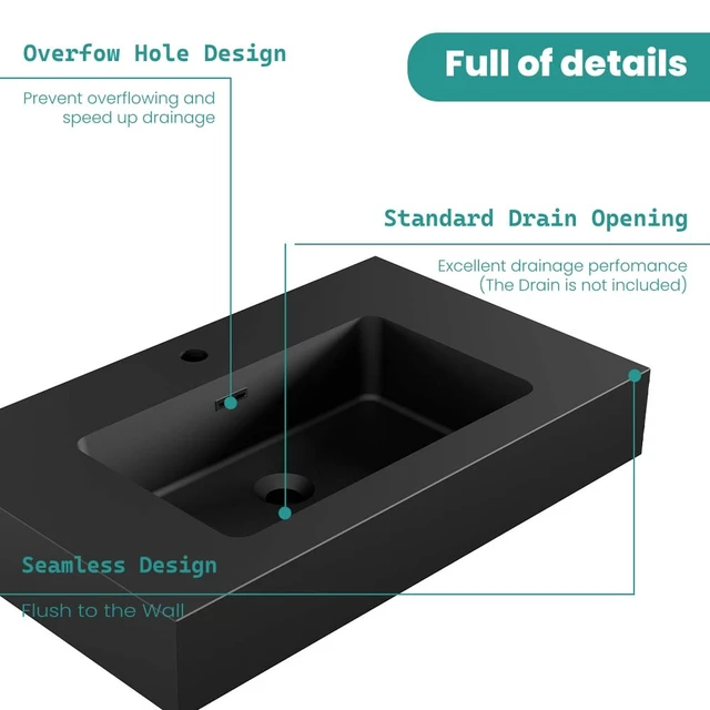 Alt view image 4 of 7 - 30, Integrated Engineered Solid Surface Basin Without Drain and Faucet Color, Matte Black, Solid Surface, Sinks