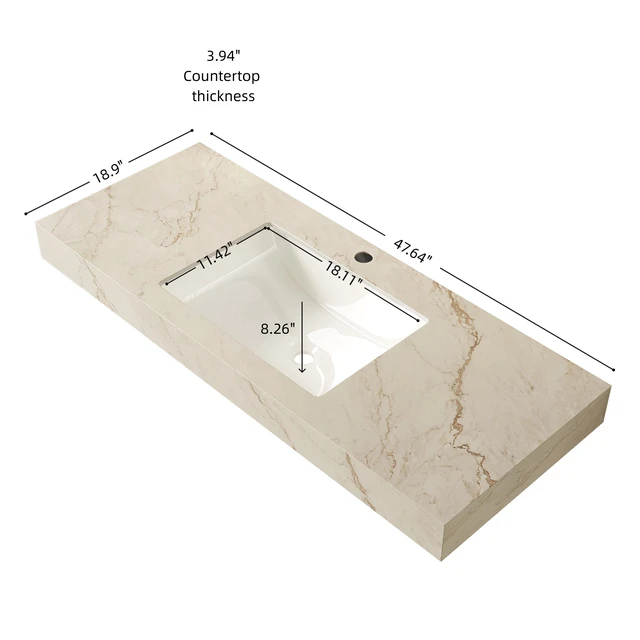 Alt view image 5 of 5 - 48 Inch Vein Sintered Countertop and Undermount Ceramic Basin with Standard Pre Drilled Faucet Hole, Cabinet Faucet