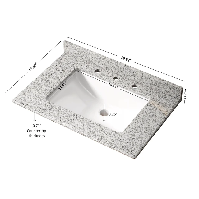 Alt view image 5 of 5 - 30 Inch Vanity Top, Granite Top with Ceramic Sink Faucet Drain Set Sink Stopper, Black Gray White, Granite