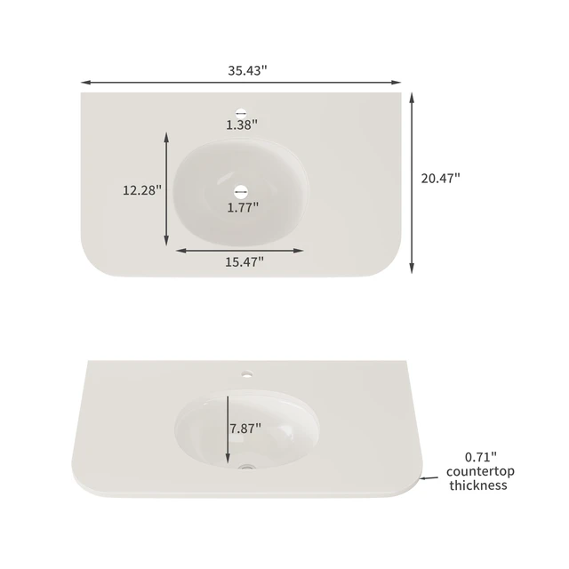 Alt view image 7 of 7 - 36 Inch Artificial Countertop with Ceramic Sink, White, Artificial Marble, Sinks