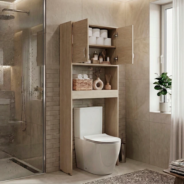 Alt view image 2 of 7 - Cartagena 2 Door Over The-Toilet Storage Cabinet, Grey, Particle Board, Storage