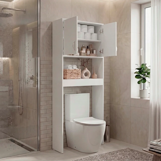 Alt view image 2 of 7 - 2 Door Over The-Toilet Storage Cabinet, White, Particle Board, Storage