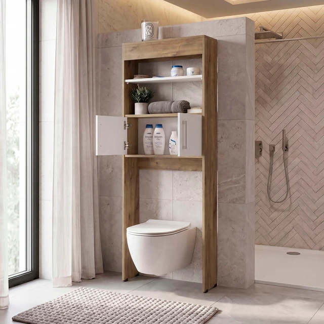 Alt view image 2 of 7 - 2 Door Over The-Toilet Storage Cabinet, Oak, Particle Board, Storage