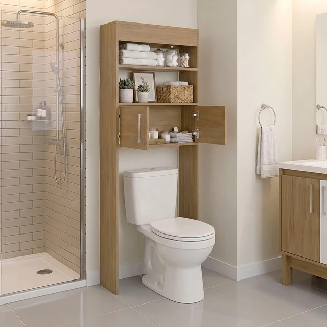 Alt view image 2 of 7 - 2 Door Over The-Toilet Storage Cabinet, Oak, Particle Board, Storage