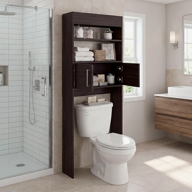 Alt view image 2 of 7 - Stained 2 Door Over The-Toilet Storage Cabinet, Walnut, Particle Board, Storage