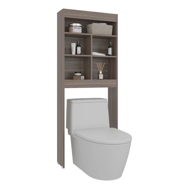 Alt view image 4 of 7 - Over The-Toilet Storage Cabinet with Open Display Shelves and Toilet Surround, Brown Light Gray, Particle Board