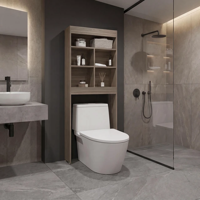 Main image of Over The-Toilet Storage Cabinet with Open Display Shelves and Toilet Surround, Brown Light Gray, Particle Board