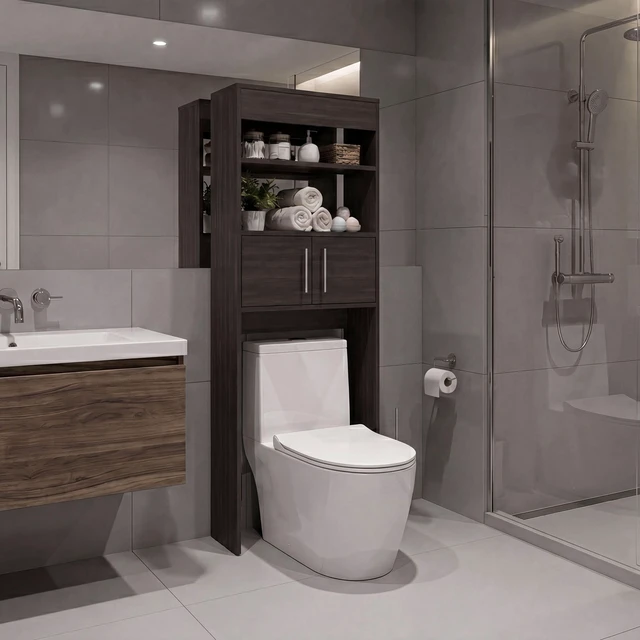 Main image of Over the Toilet Compact Cabinet with Open Display Shelves and 2 Door Cabinet, Dark Oak, Particle Board, Storage