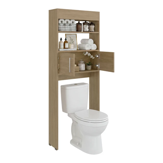 Alt view image 4 of 7 - Over the Toilet Compact Cabinet with Open Display Shelves and 2 Door Cabinet, Light Oak, Particle Board
