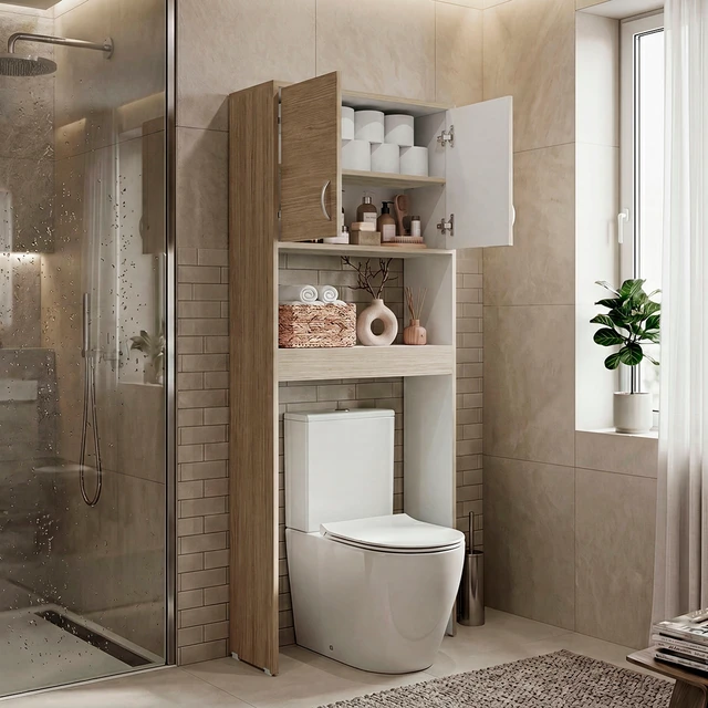Alt view image 2 of 7 - Cartagena and 2 Door Over The-Toilet Storage Cabinet, Grey, Particle Board, Storage