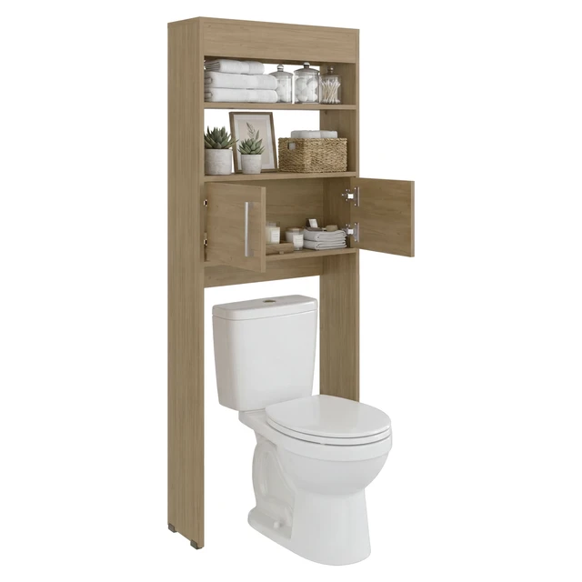 Alt view image 2 of 7 - Over the Toilet Cabinet with Shelves and Double Door Storage, Natural Wood, Particle Board, Storage