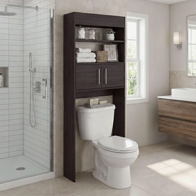 Main image of Over the Toilet Cabinet with Shelves and Double Door Storage, Walnut, Particle Board, Storage