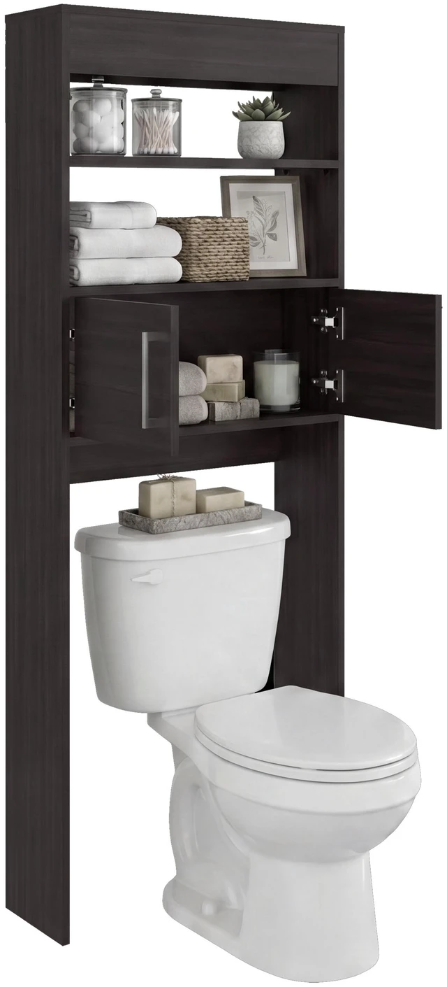 Alt view image 4 of 7 - Over the Toilet Cabinet with Shelves and Double Door Storage, Walnut, Particle Board, Storage