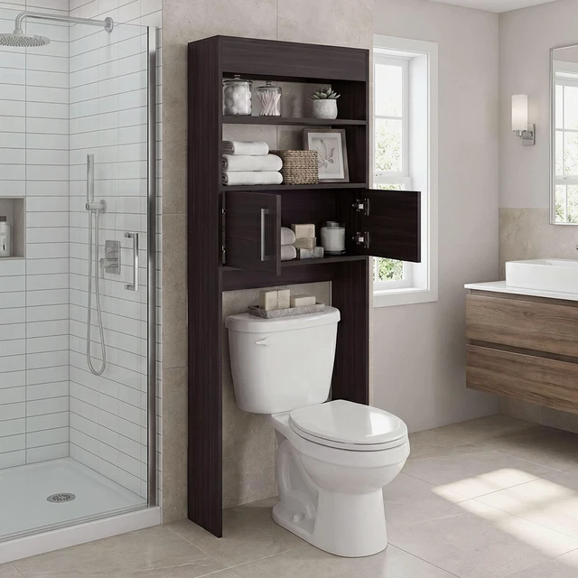 Alt view image 6 of 7 - Over the Toilet Cabinet with Shelves and Double Door Storage, Walnut, Particle Board, Storage