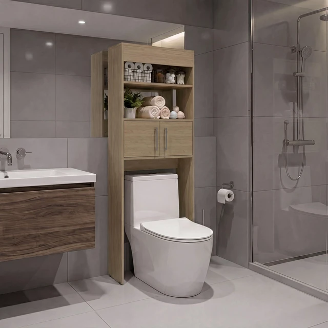 Main image of Over the Toilet Compact Cabinet with Open Display Shelves and 2 Door Cabinet, Light Oak, Particle Board