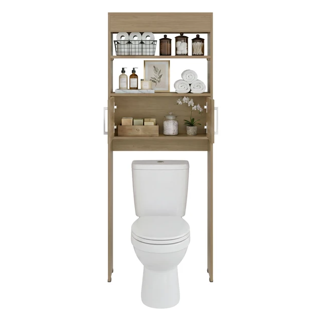 Alt view image 3 of 7 - Over the Toilet Compact Cabinet with Open Display Shelves and 2 Door Cabinet, Light Oak, Particle Board