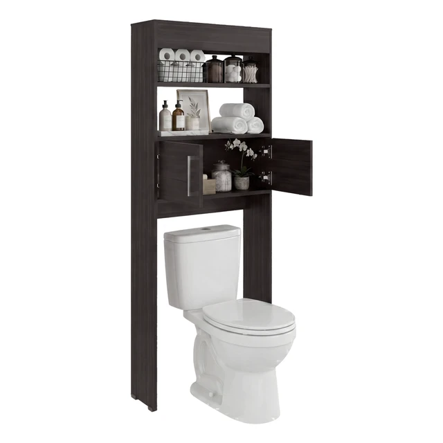 Alt view image 3 of 7 - Over the Toilet Compact Cabinet with Open Display Shelves and 2 Door Cabinet, Dark Oak, Particle Board, Storage