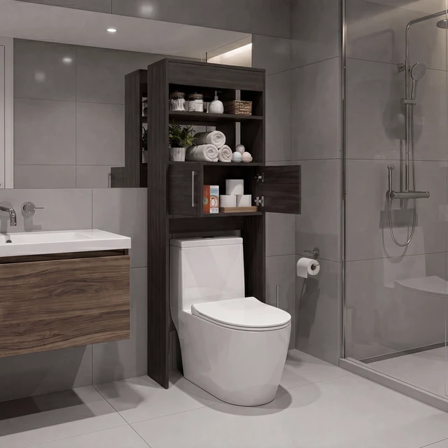 Alt view image 2 of 7 - Over the Toilet Compact Cabinet with Open Display Shelves and 2 Door Cabinet, Dark Oak, Particle Board, Storage
