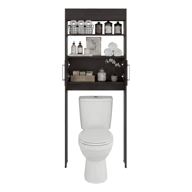 Alt view image 4 of 7 - Over the Toilet Compact Cabinet with Open Display Shelves and 2 Door Cabinet, Dark Oak, Particle Board, Storage