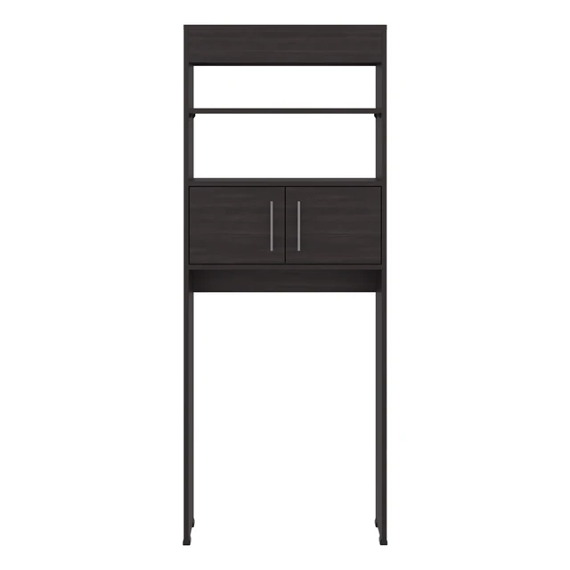 Alt view image 6 of 7 - Over the Toilet Compact Cabinet with Open Display Shelves and 2 Door Cabinet, Dark Oak, Particle Board, Storage