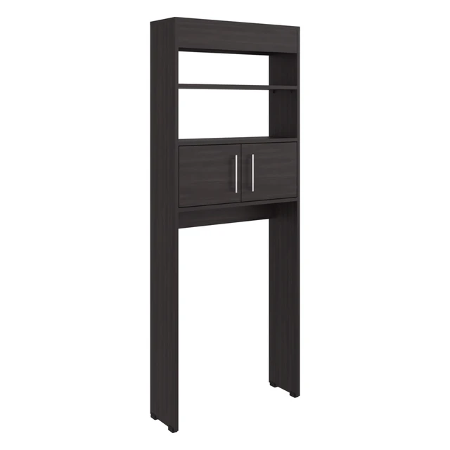 Alt view image 5 of 7 - Over the Toilet Compact Cabinet with Open Display Shelves and 2 Door Cabinet, Dark Oak, Particle Board, Storage