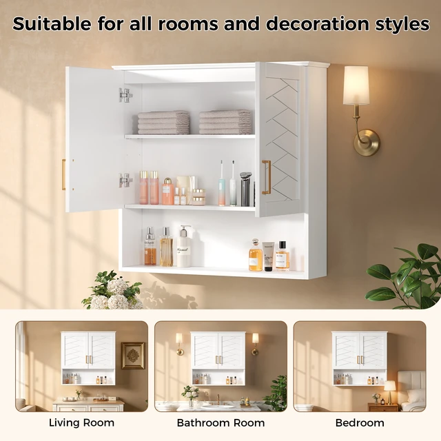 Alt view image 5 of 7 - 30 Inch Cabinet with Adjustable Shelf, Wall-Mounted Medicine Cabinet for Soft Closing Hinges Open Shelving Design
