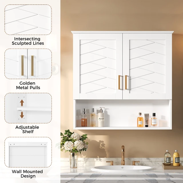 Alt view image 6 of 7 - 30 Inch Cabinet with Adjustable Shelf, Wall-Mounted Medicine Cabinet for Soft Closing Hinges Open Shelving Design