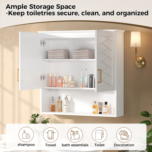 Alt view image 7 of 7 - 30 Inch Cabinet with Adjustable Shelf, Wall-Mounted Medicine Cabinet for Soft Closing Hinges Open Shelving Design